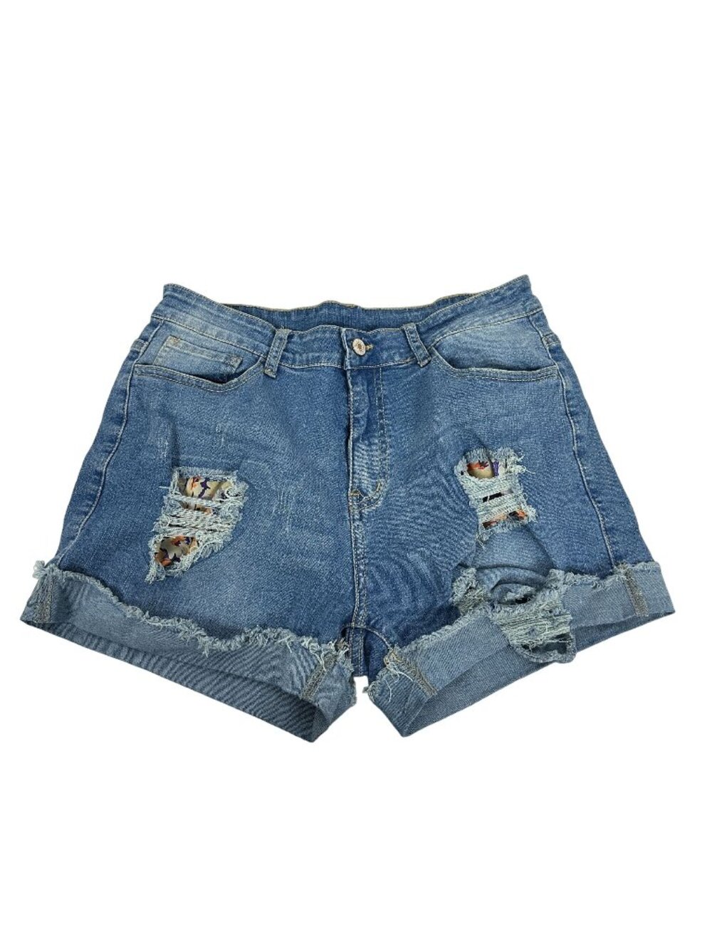Distressed Denim Shorts Large Womens Blue Mid-Rise Stretchy Ripped Fringed Casua